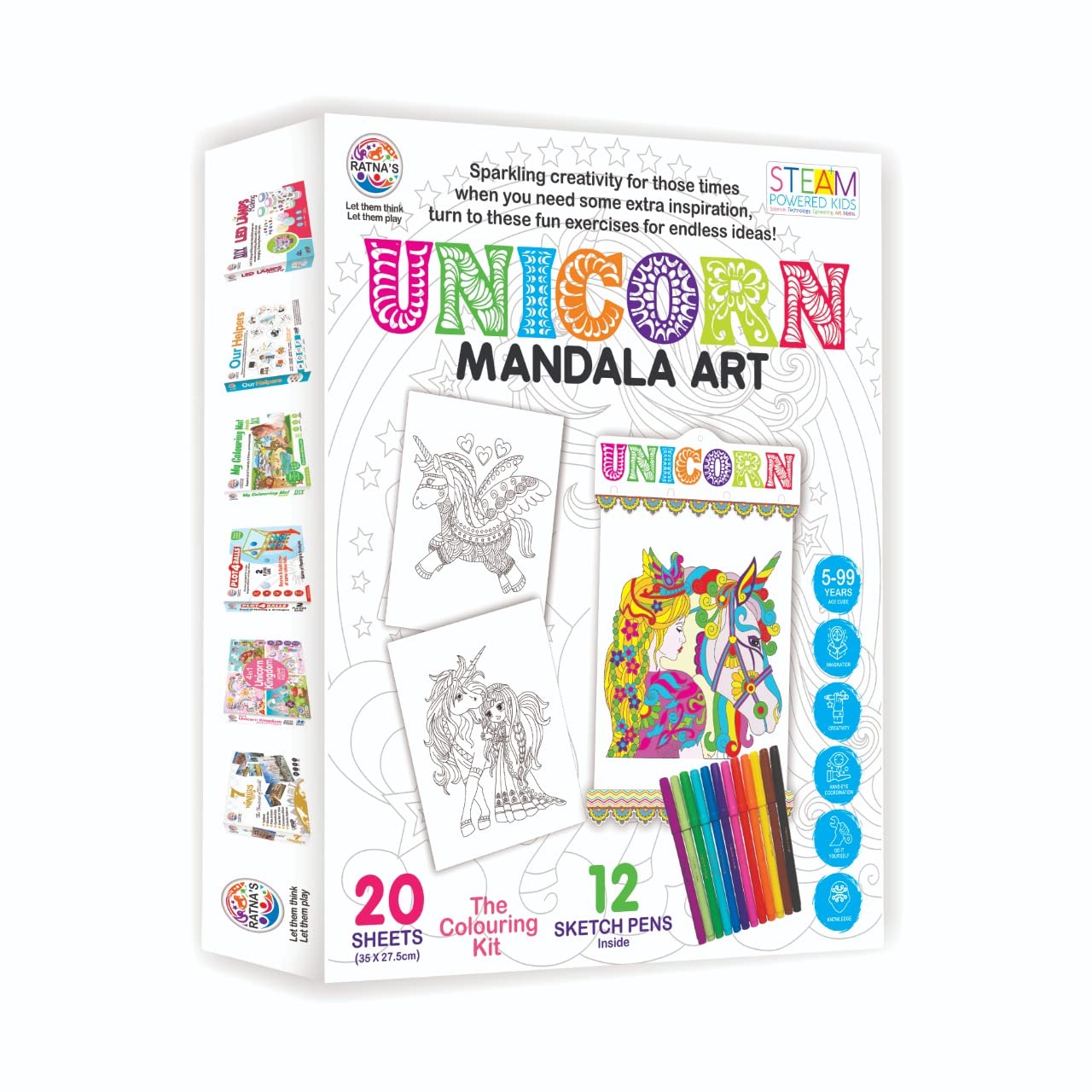 Mandala Art Unicorn Colouring Kit - 20 Sheets with 12 Sketch Pens