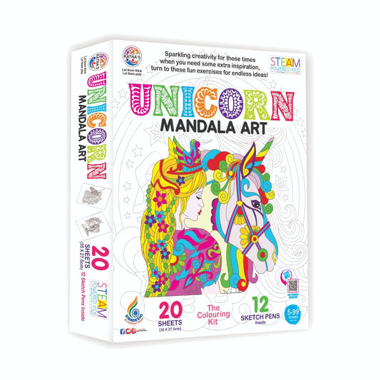 Mandala Art Unicorn Colouring Kit - 20 Sheets with 12 Sketch Pens
